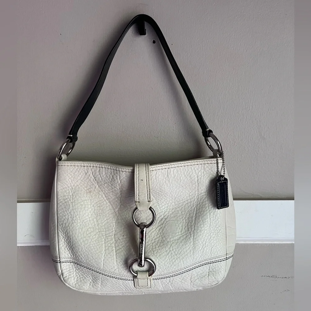 Coach White Leather Shoulder Bag with Black Strap and Silver Hardware